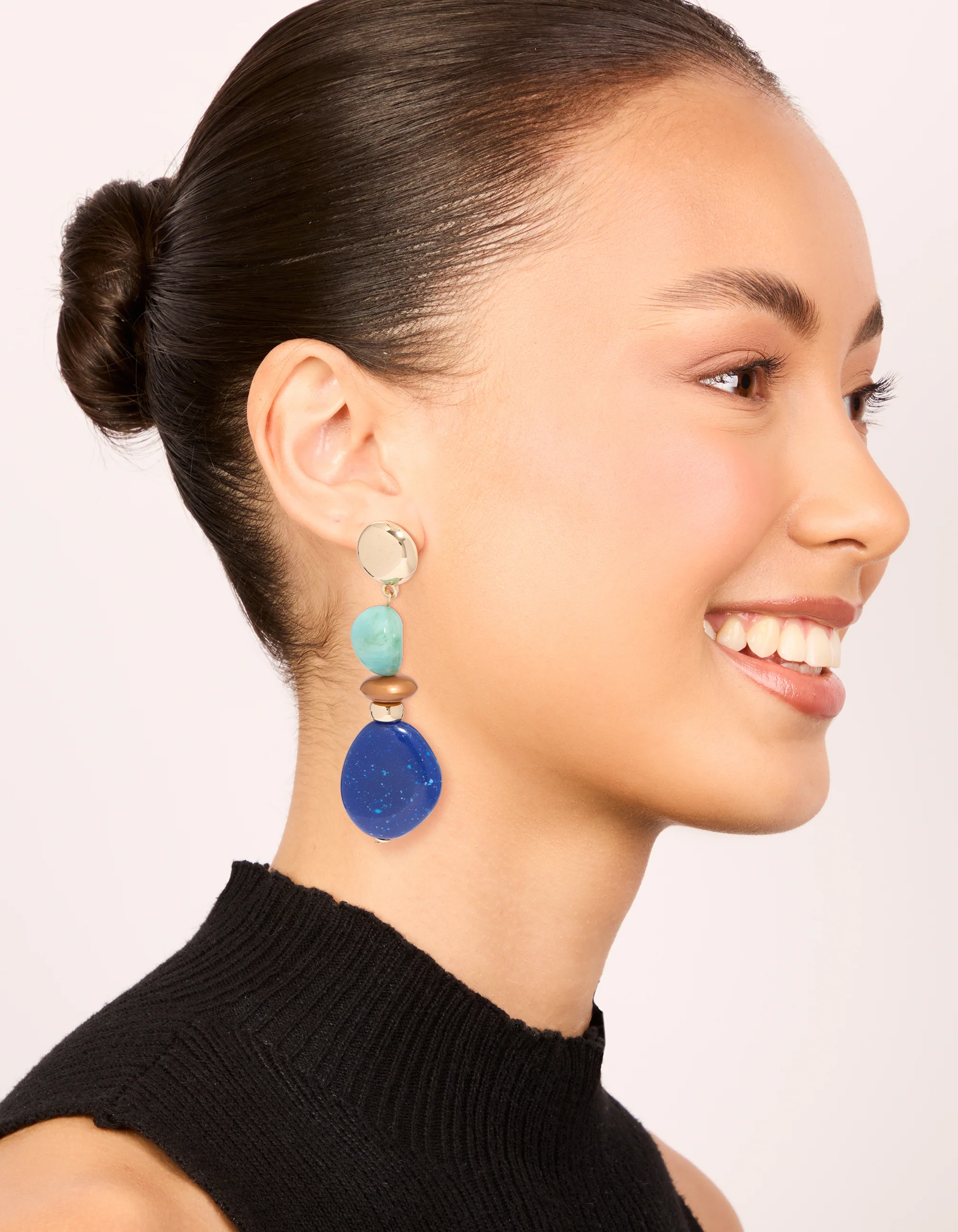 Gold Light & Dark Blue Acrylic Bead Drop Earrings - Image 3