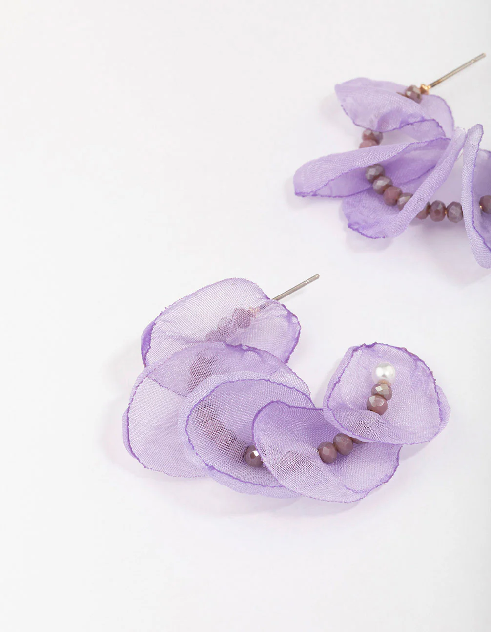 Gold Lilac Beaded Petal Hoop Earrings - Image 2