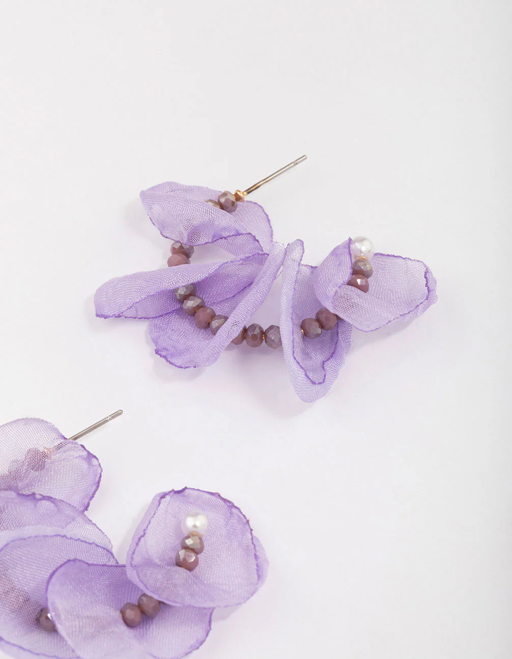 Gold Lilac Beaded Petal Hoop Earrings - Image 3