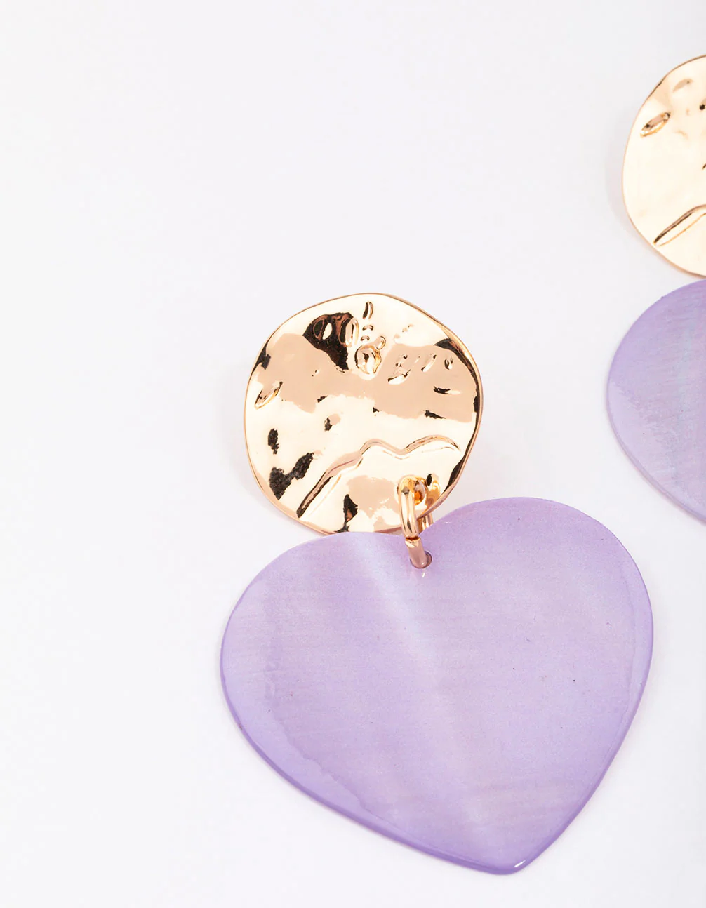 Gold & Lilac Genuine Shell Iridescent Heart Drop Earrings - Image 2
