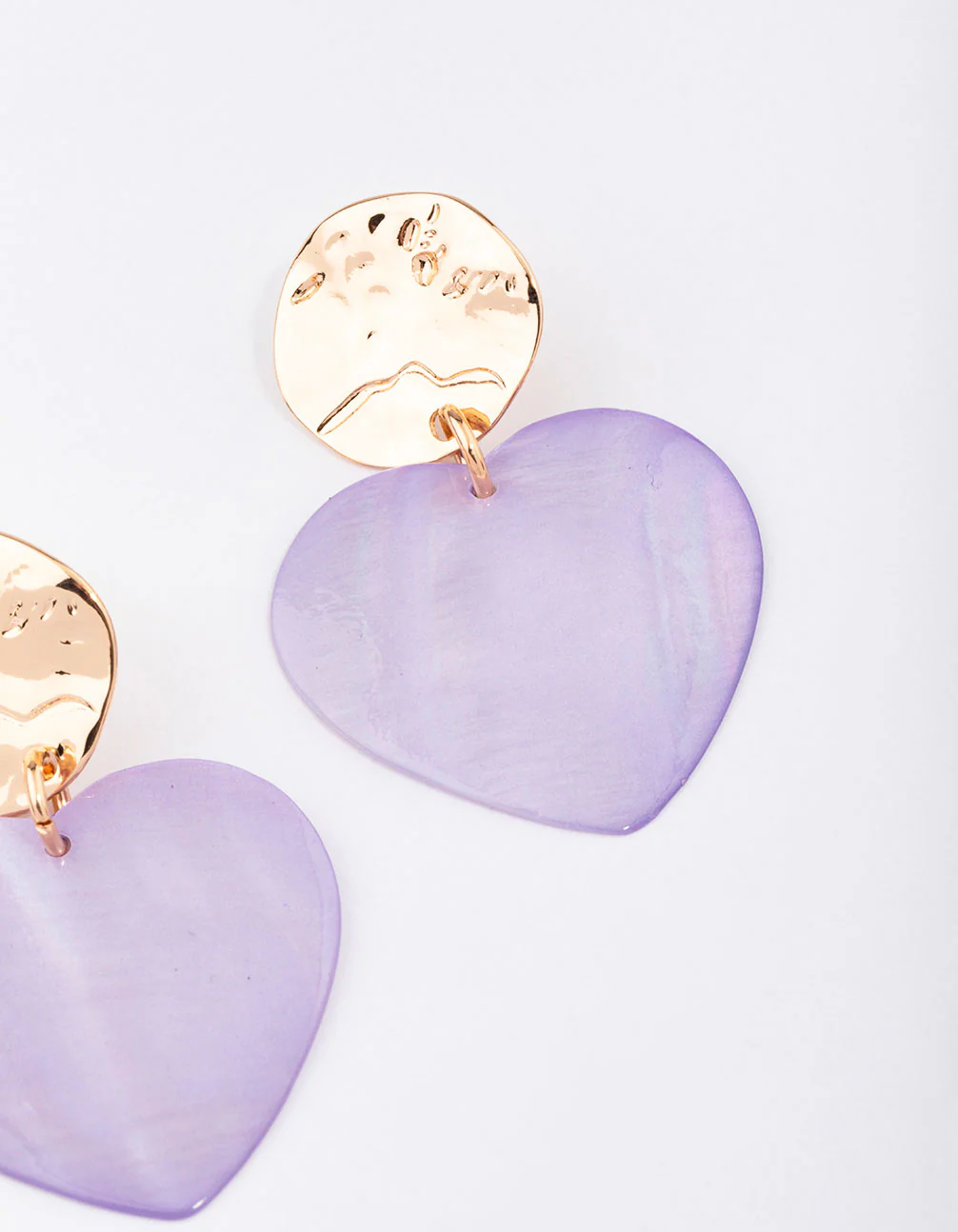 Gold & Lilac Genuine Shell Iridescent Heart Drop Earrings - Image 3