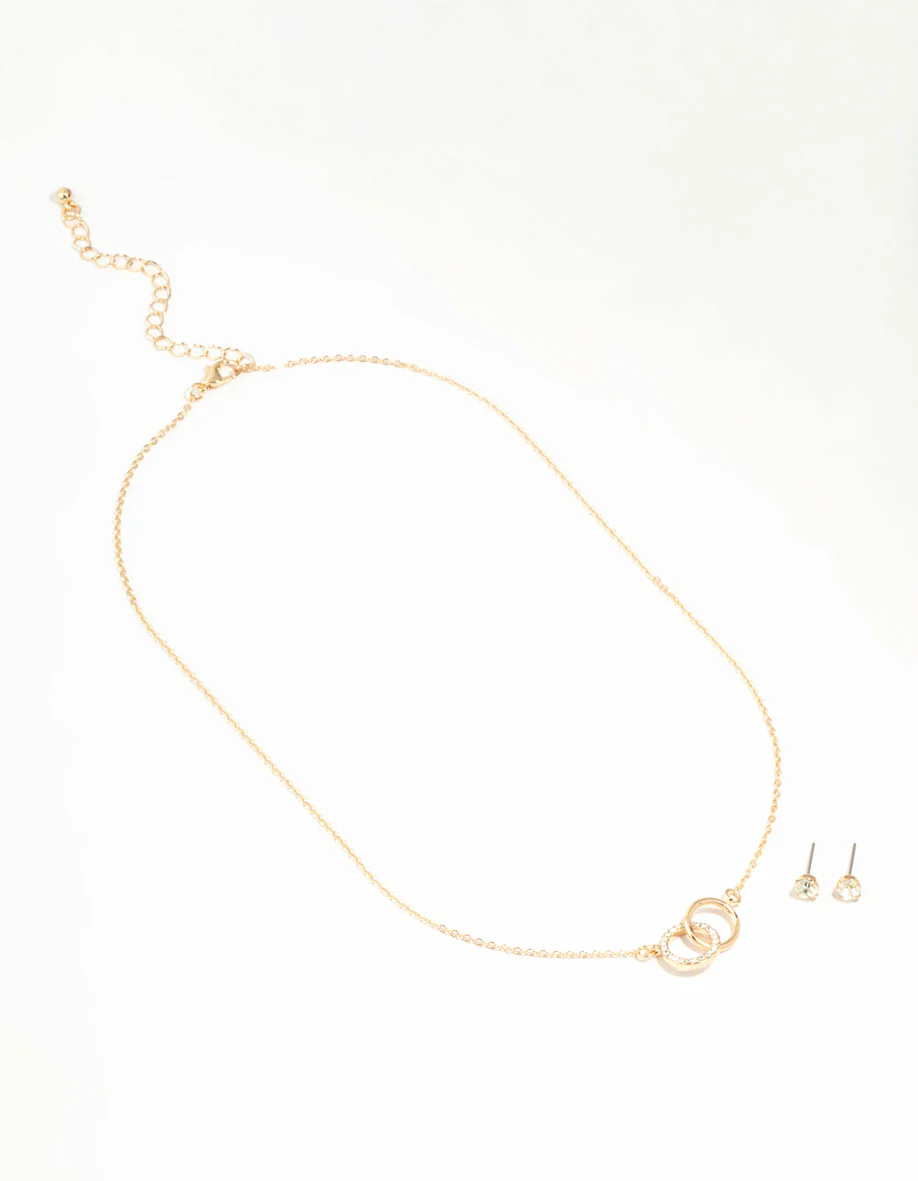 Gold Linked Circle Necklace & Stud Earrings Set - Image 3