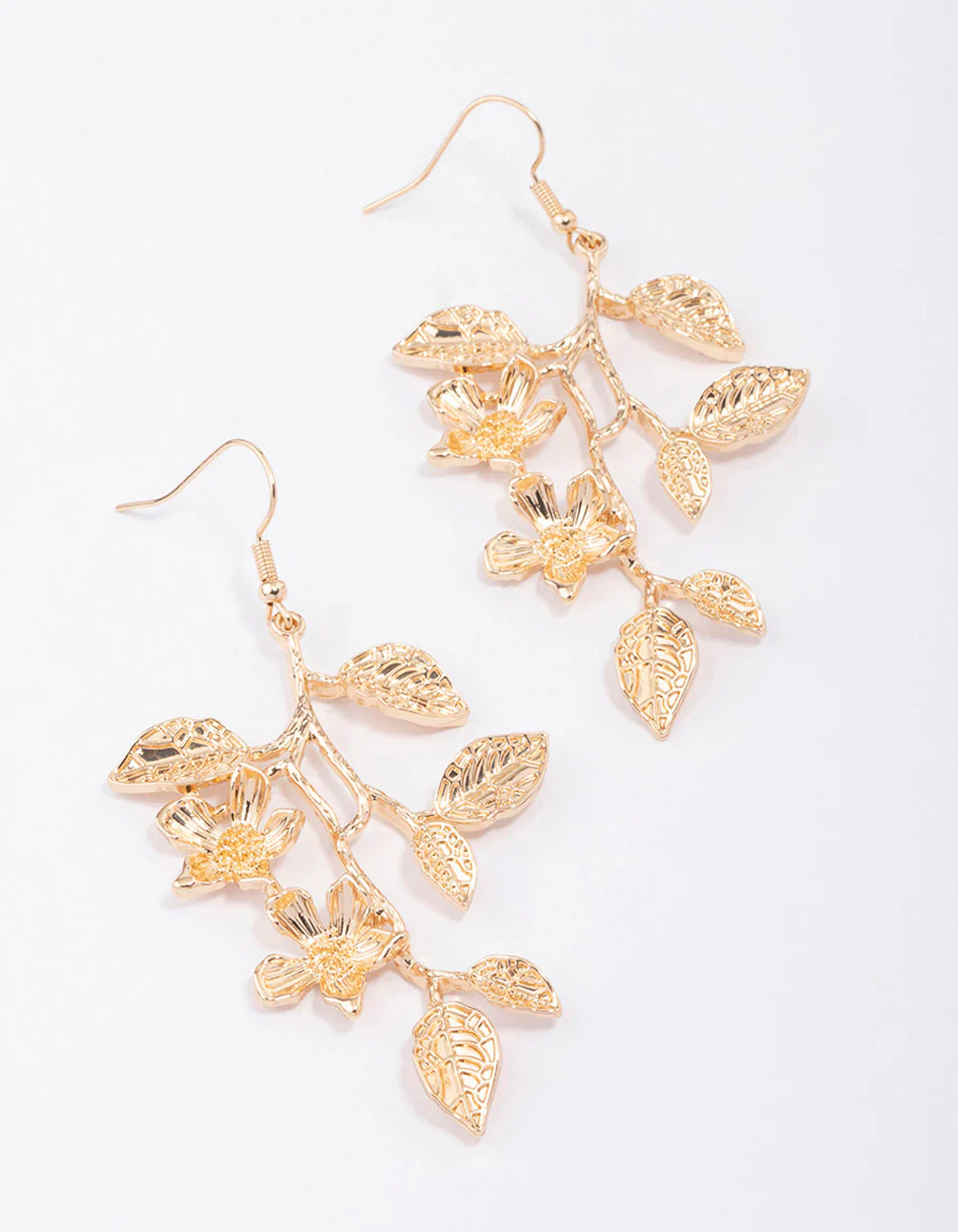 Gold Long Leaves Drop Earrings