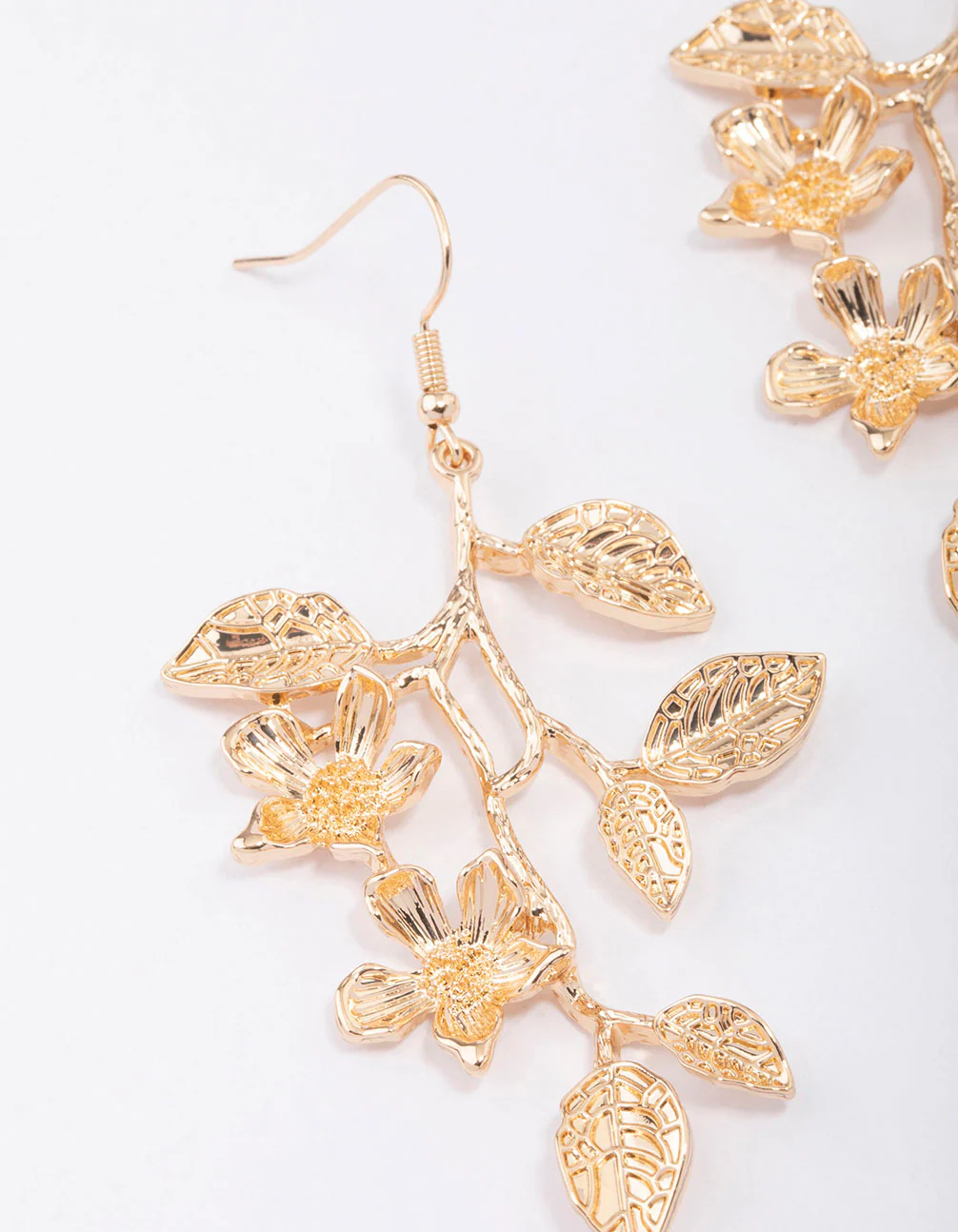 Gold Long Leaves Drop Earrings - Image 2