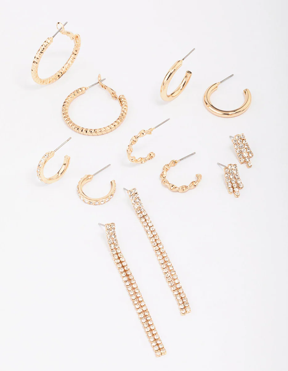 Gold Mixed Diamante Stud Earring 6-Pack