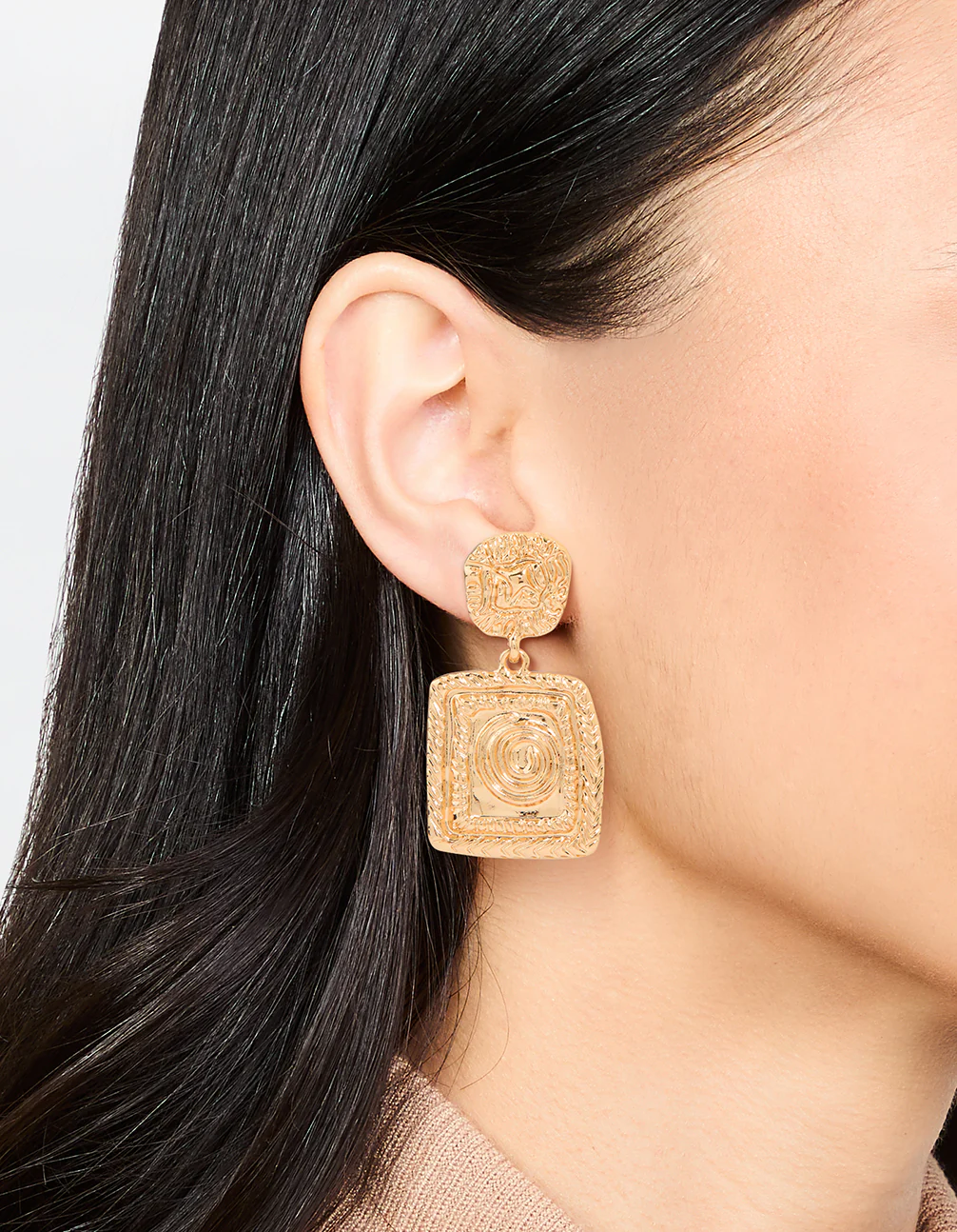 Gold Molten Square Drop Earrings - Image 2