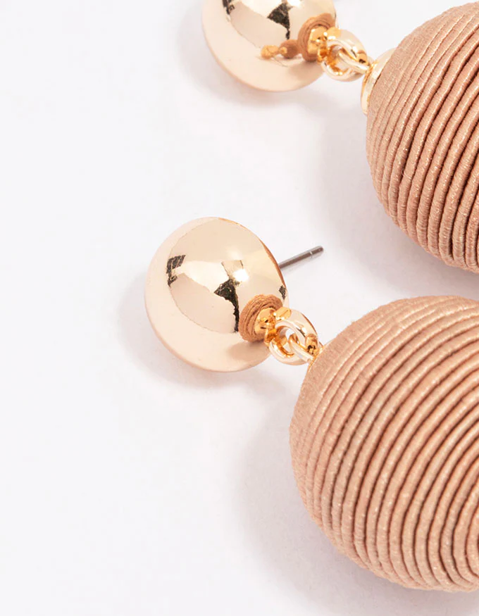 Gold Neutral Thread Ball Drop Earrings - Image 2