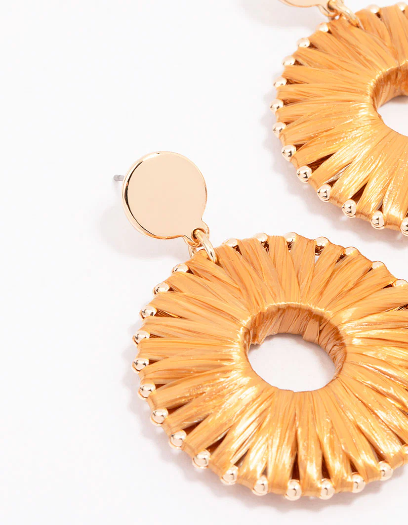 Gold Orange Raffia Circle Drop Earrings - Image 2