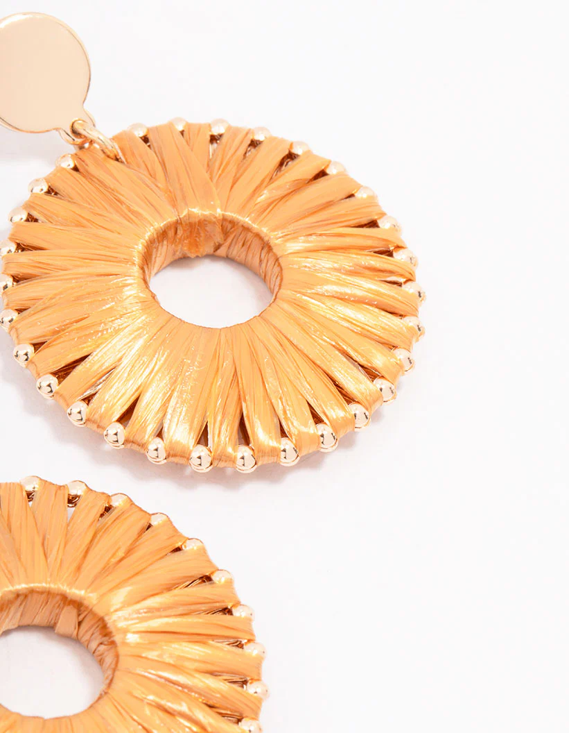 Gold Orange Raffia Circle Drop Earrings - Image 3