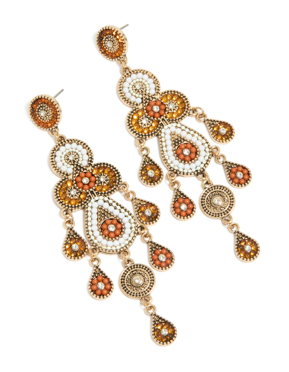 Gold Orange & White Bug Seed Beaded Drop Earrings - Image 2
