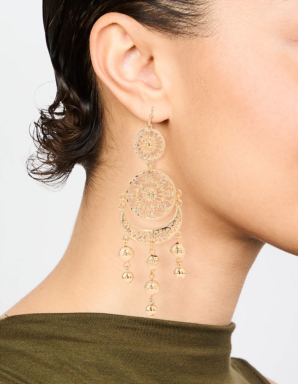 Gold Patterned Tassel Drop Earrings - Image 2