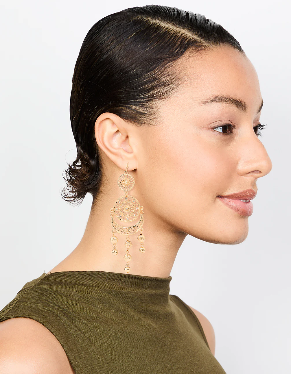 Gold Patterned Tassel Drop Earrings - Image 3