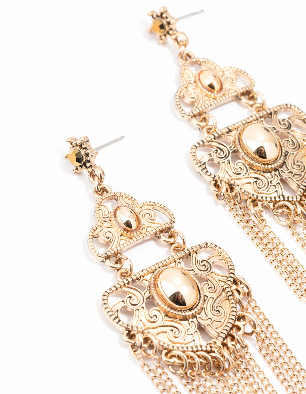 Gold Patterned Tassel Drop Earrings - Image 2