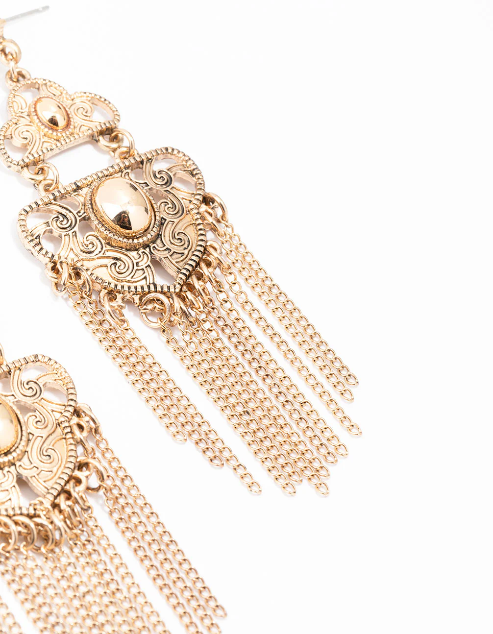 Gold Patterned Tassel Drop Earrings - Image 3