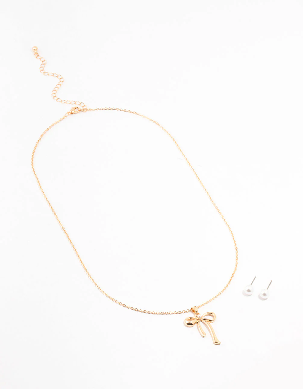 Gold Pearl Bow Necklace & Stud Earrings Set - Image 2
