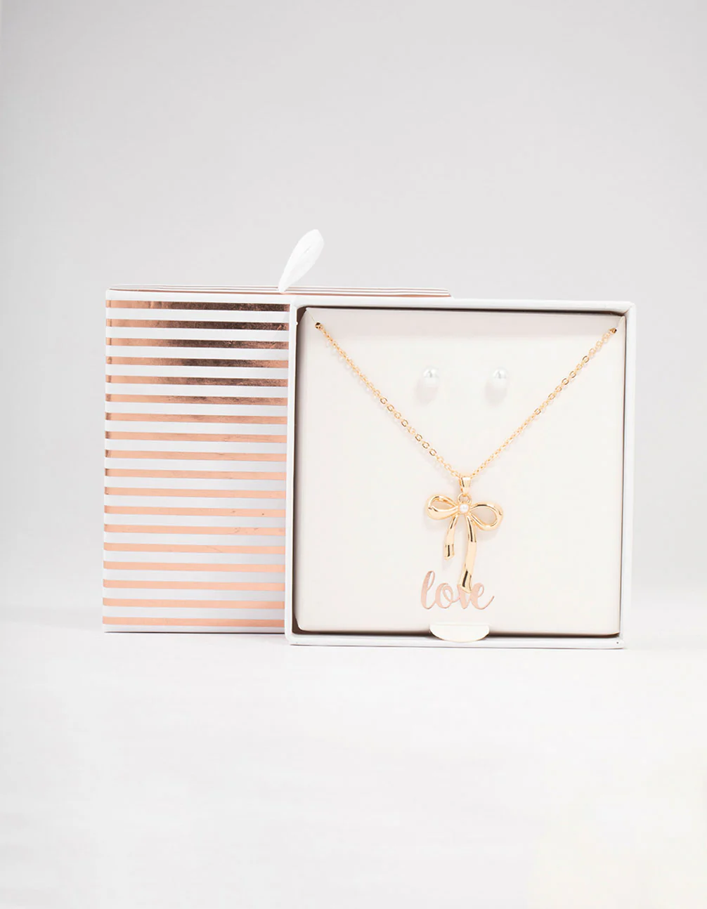 Gold Pearl Bow Necklace & Stud Earrings Set - Image 3