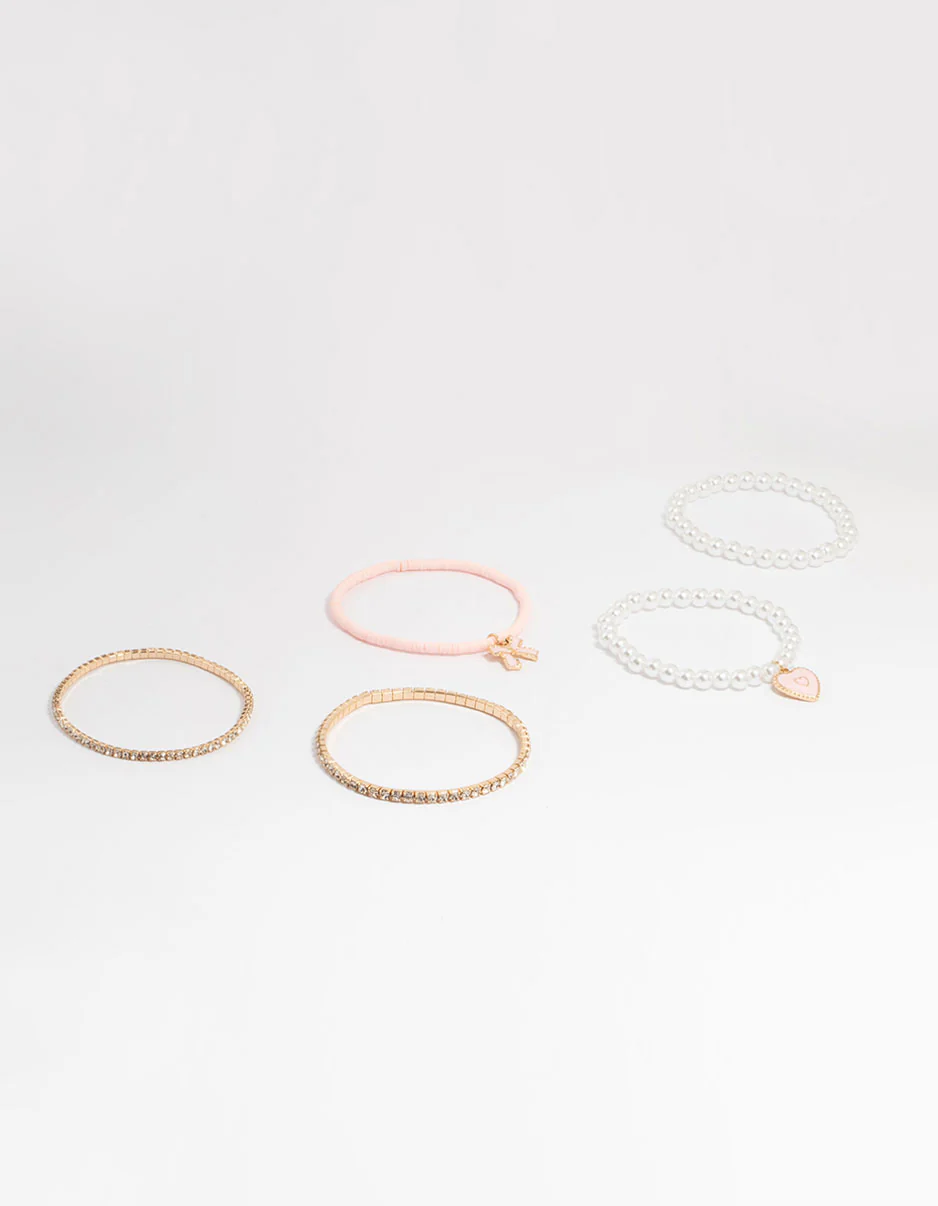 Gold Pearl & Bow Stretch Bracelets 5-Pack