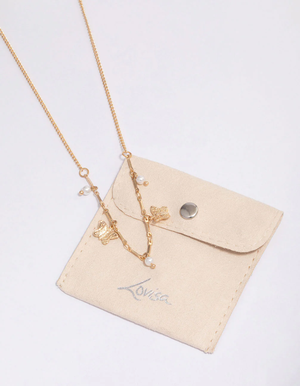 Gold Pearl Butterfly Droplet Necklace - Image 2