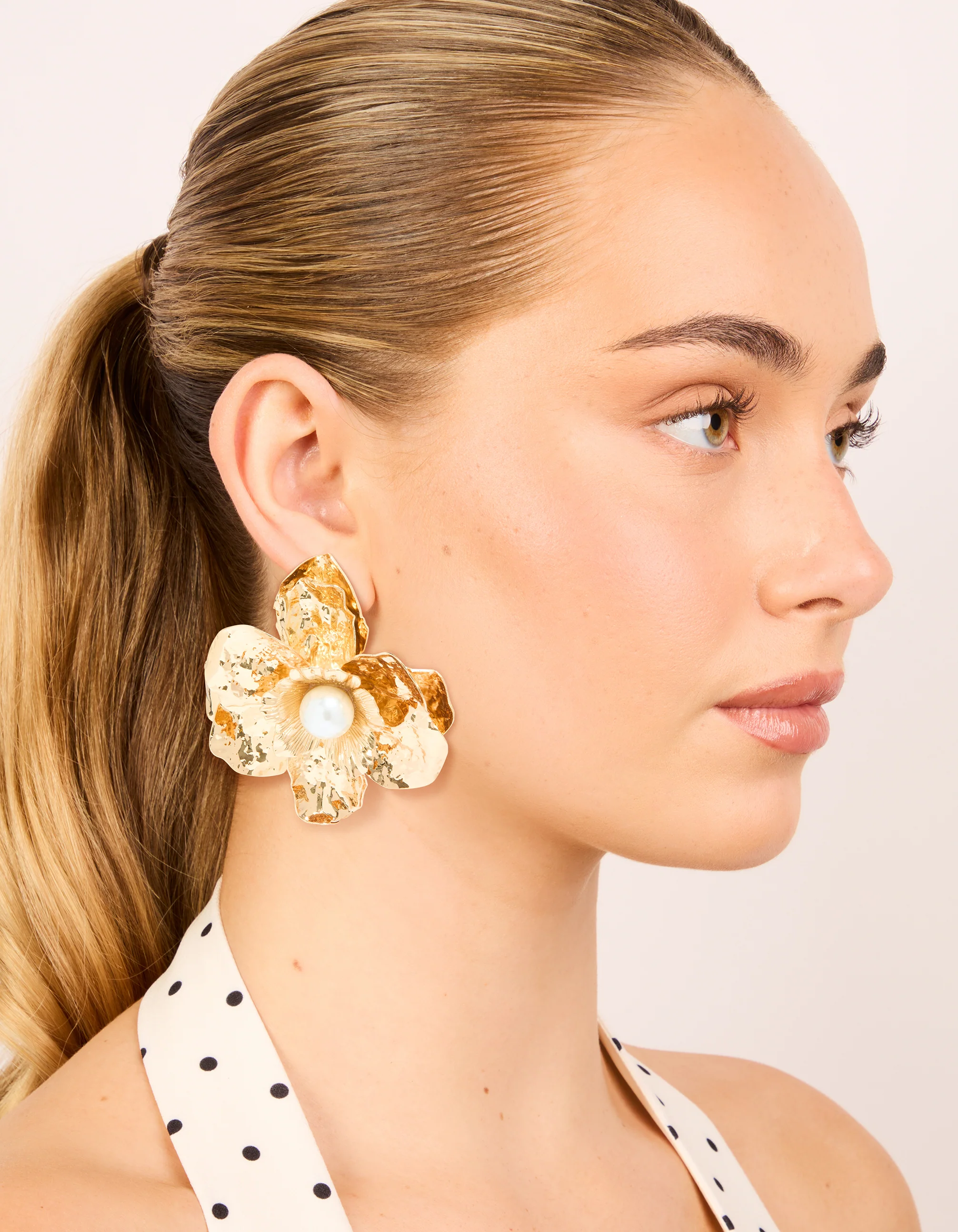 Gold Pearl Center Organic Flower Earrings - Image 3