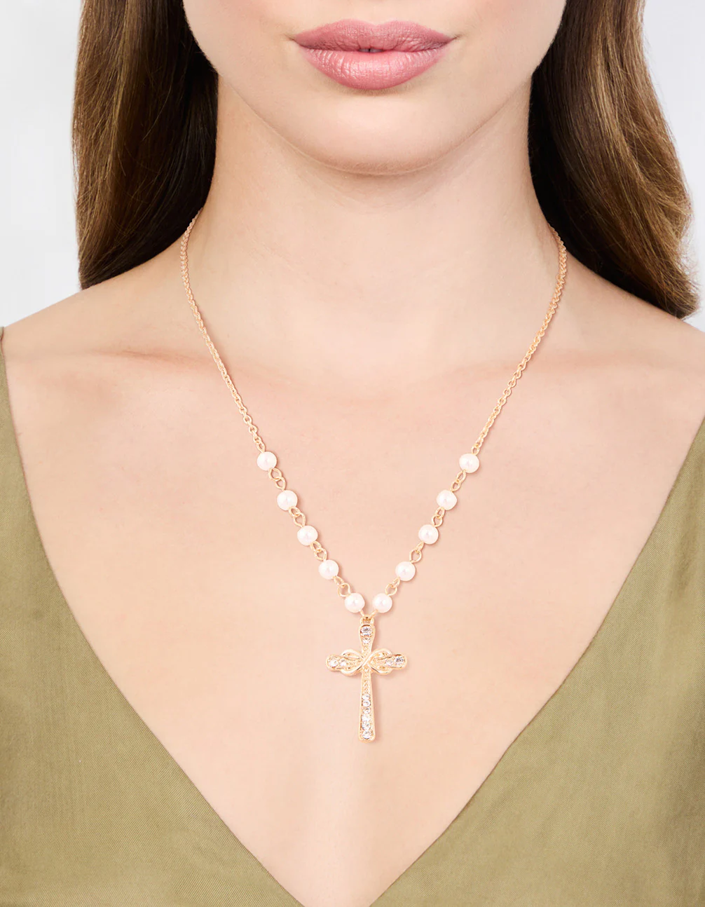 Gold Pearl Cross Diamante Pendant Necklace - Image 2