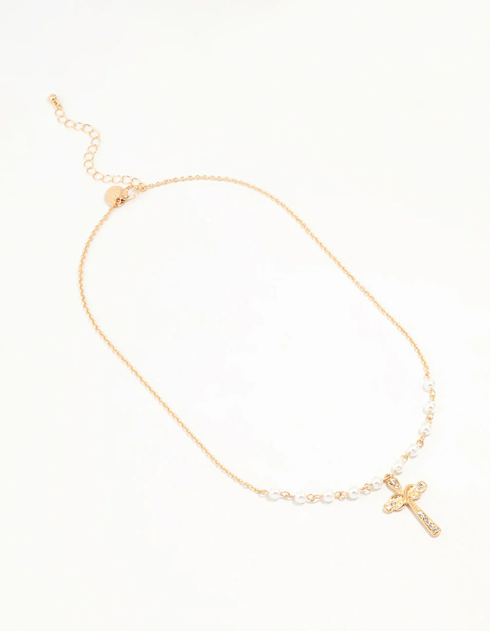 Gold Pearl Cross Diamante Pendant Necklace - Image 4