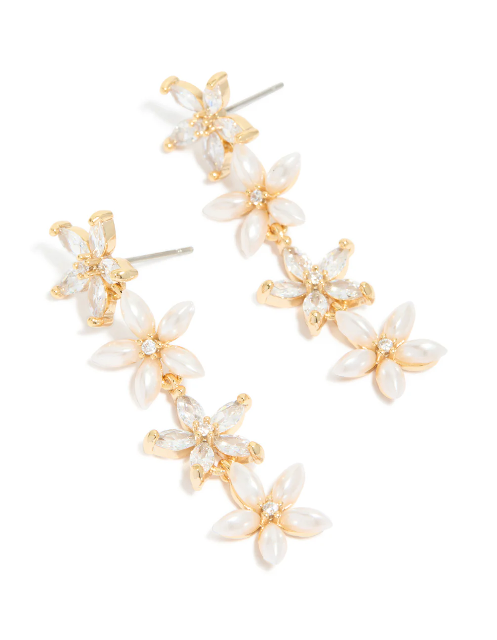 Gold Pearl & Cubic Zirconia Flower Drop Earrings - Image 2