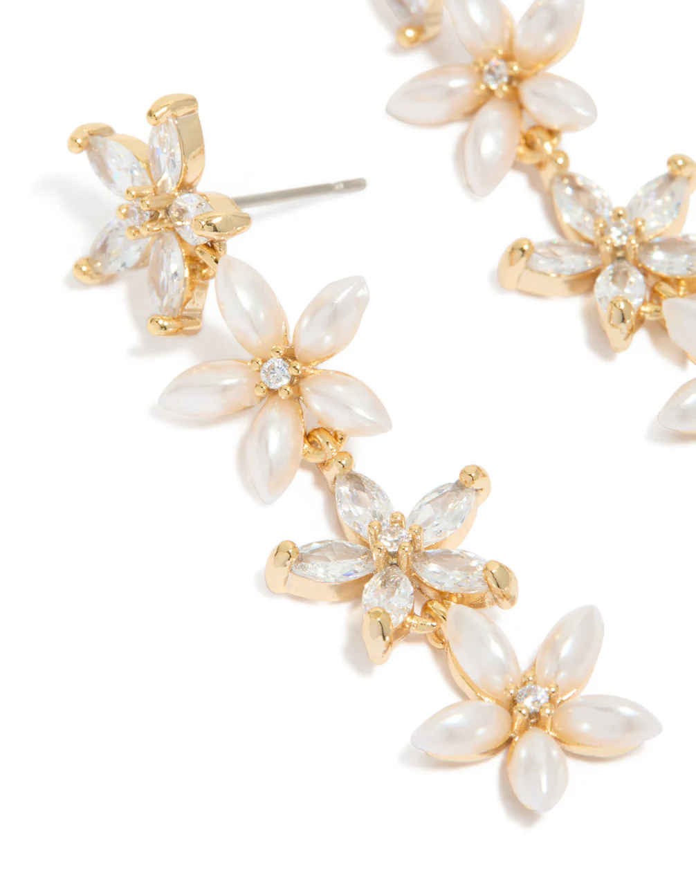 Gold Pearl & Cubic Zirconia Flower Drop Earrings - Image 4
