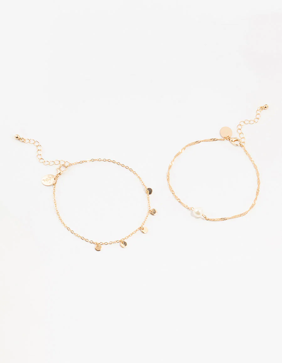 Gold Pearl Disc Pendant Anklets 2-Pack