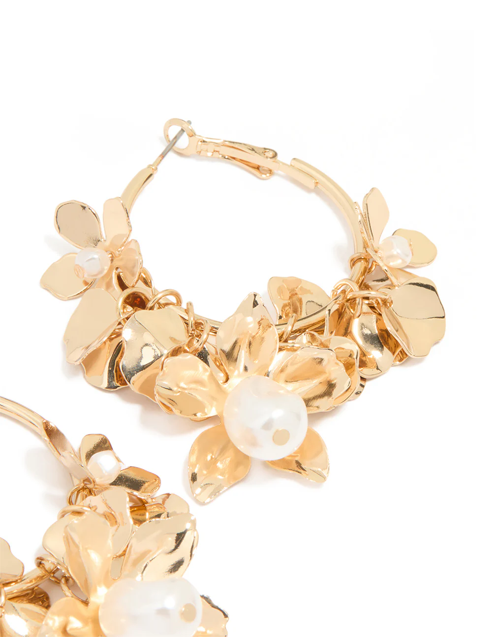 Gold Pearl Flower Cluster Hoop Earrings - Image 3