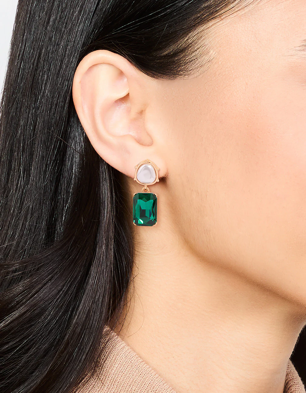 Gold Pearl & Green Stone Drop Earrings - Image 2