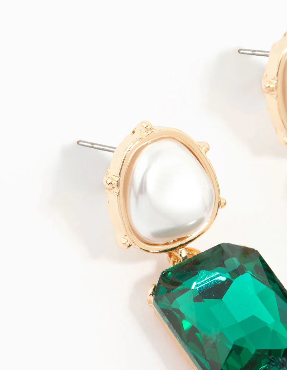 Gold Pearl & Green Stone Drop Earrings - Image 4