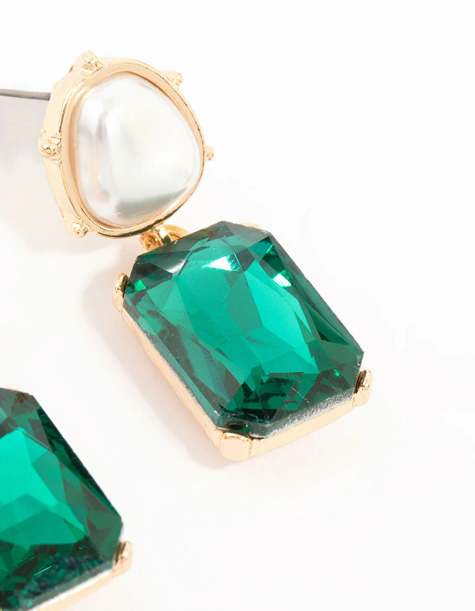 Gold Pearl & Green Stone Drop Earrings - Image 5