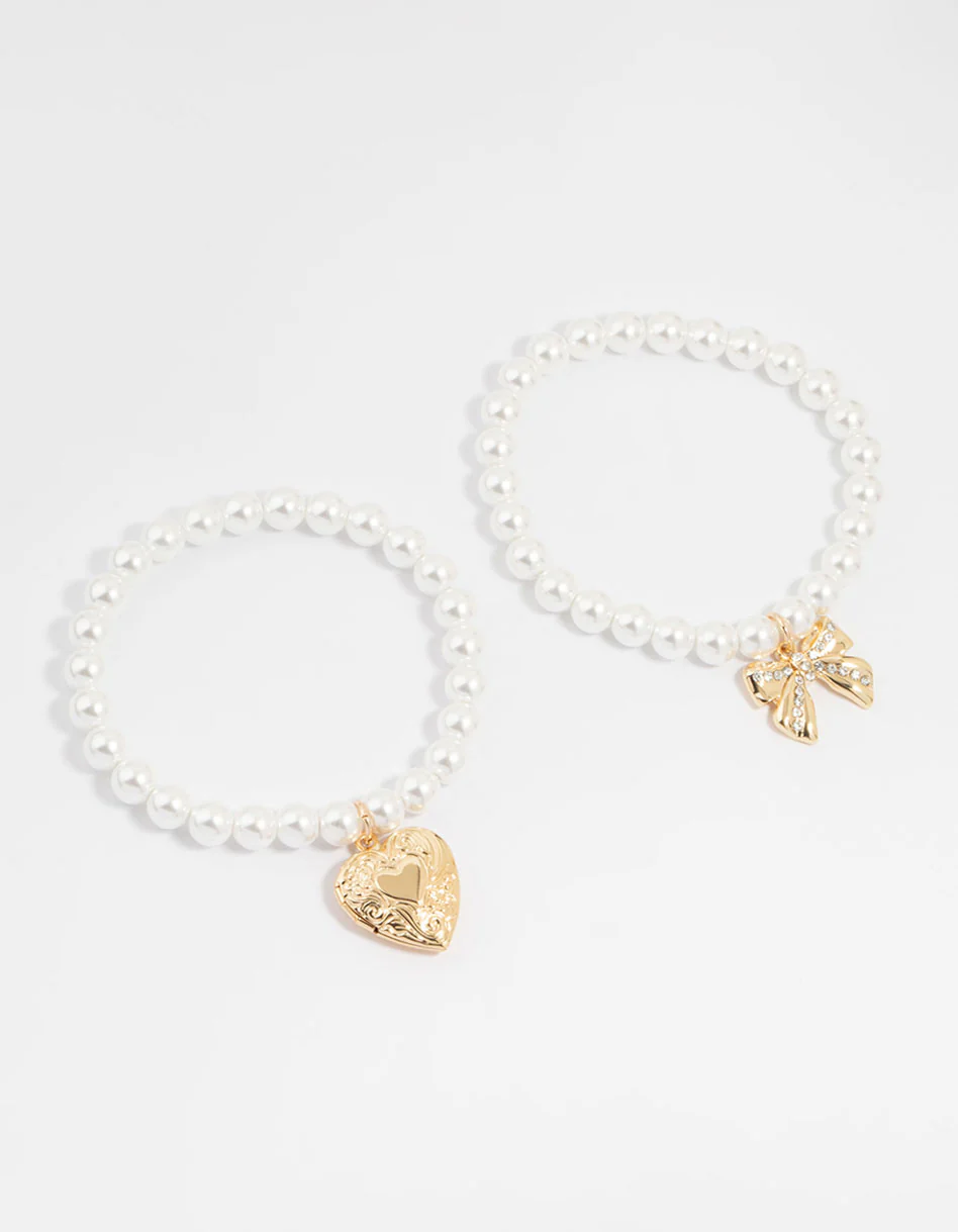 Gold Pearl & Heart Locket Stretch Bracelets 2-Pack