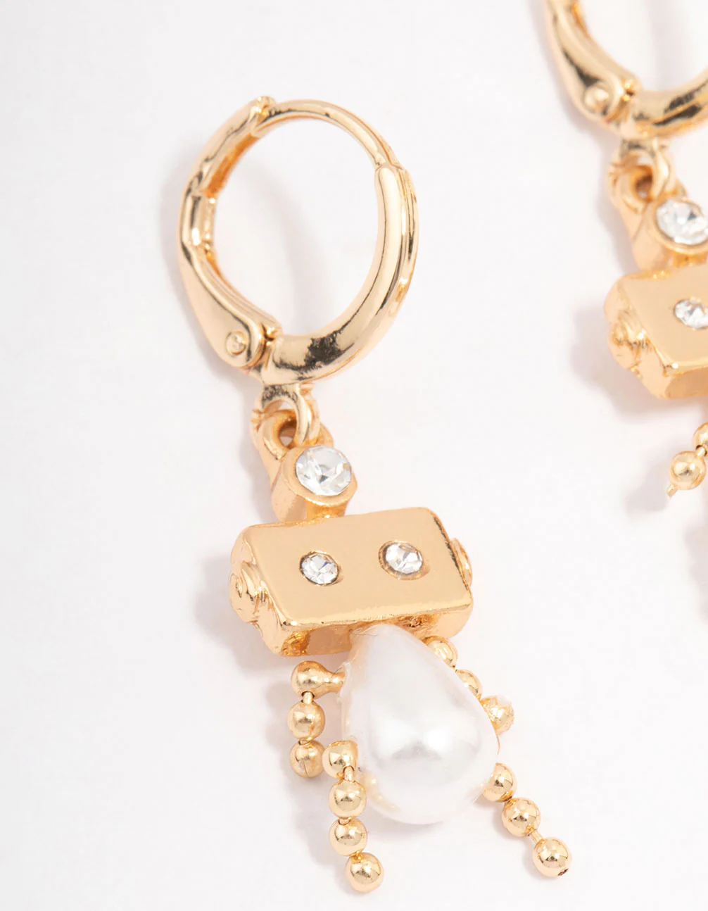 Gold Pearl Robot Huggie Hoop Earrings - Image 2