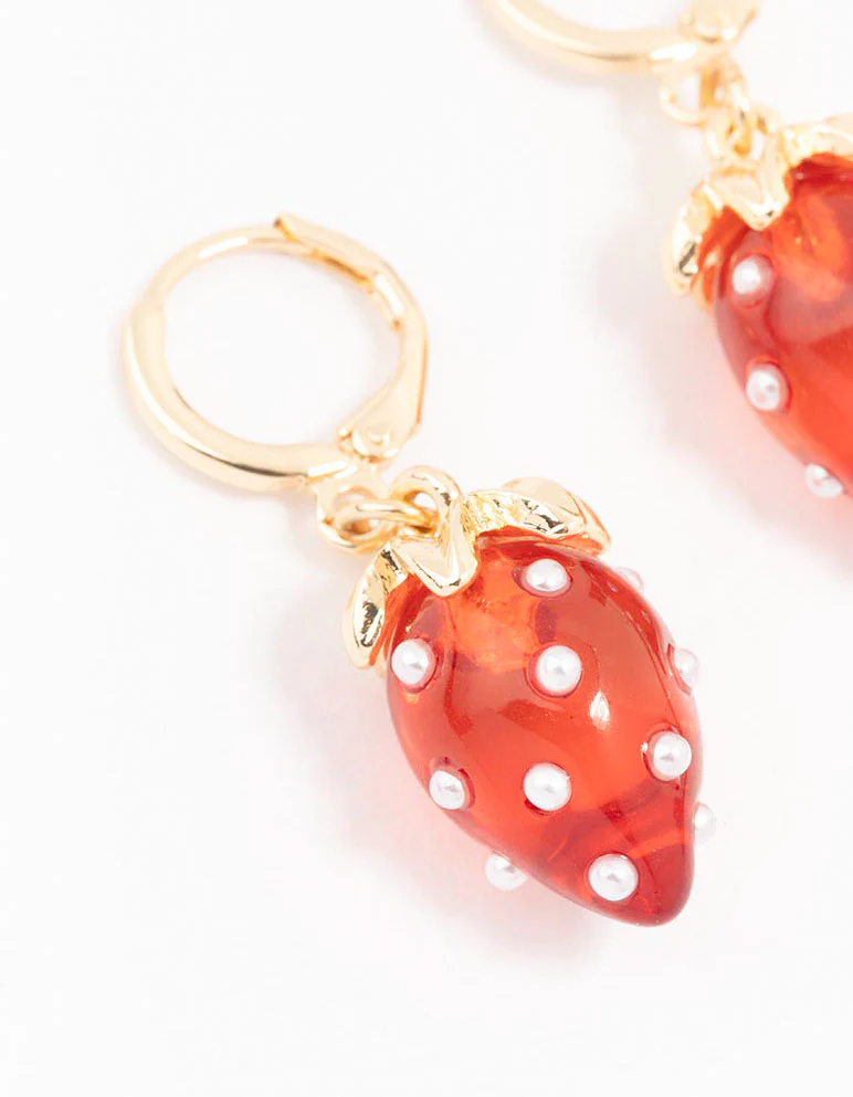 Gold Pearl Strawberry Hoop Earrings - Image 2