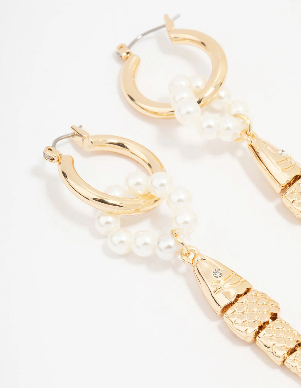 Gold Pearl Textured Fish Drop Earrings - Image 2