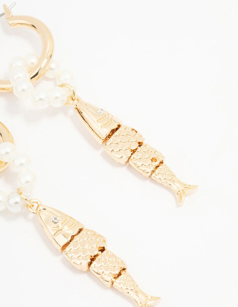 Gold Pearl Textured Fish Drop Earrings - Image 3