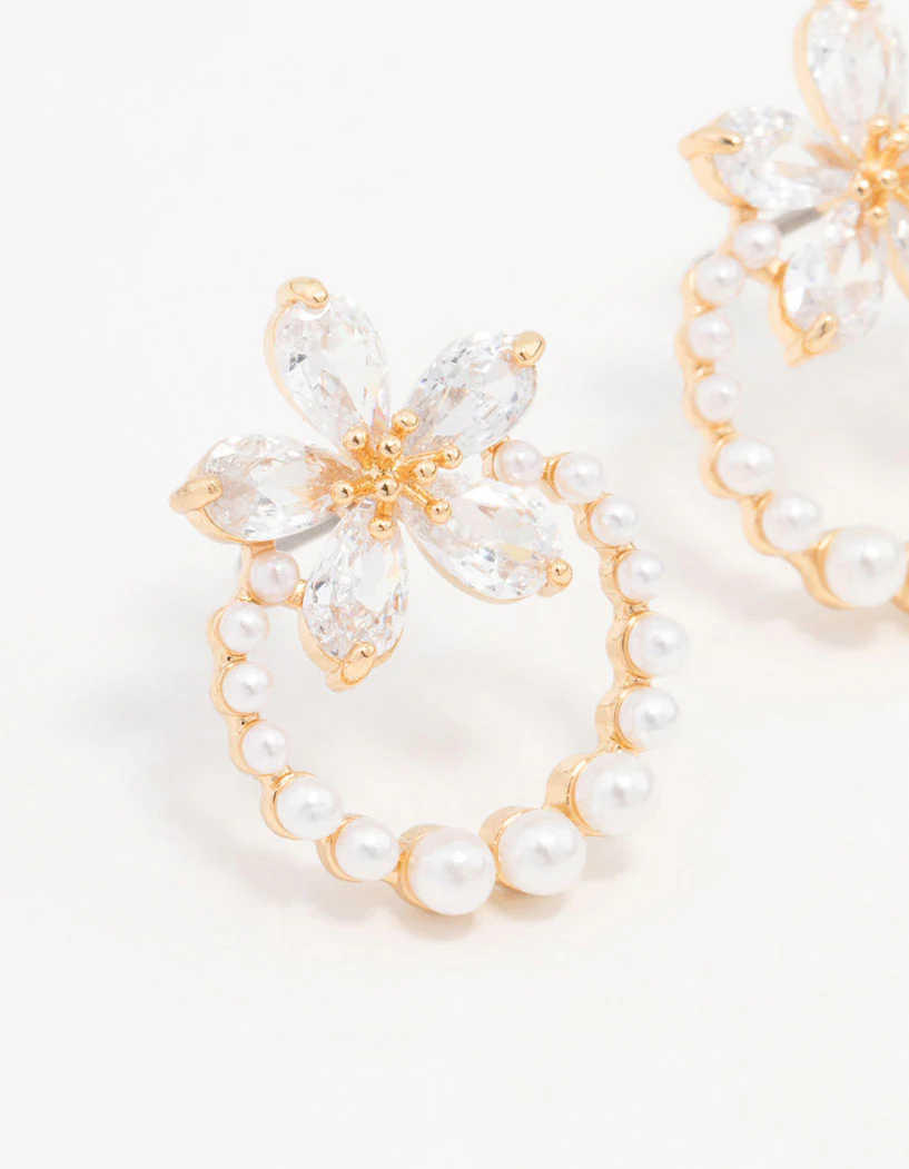 Real Gold Plated Pearl Wreath Cubic Zirconia Flower Earrings - Image 2