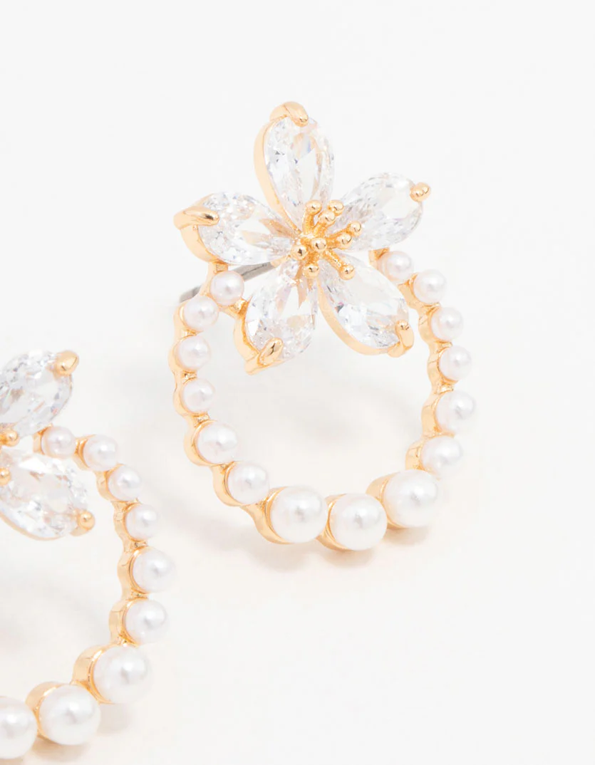 Real Gold Plated Pearl Wreath Cubic Zirconia Flower Earrings - Image 3
