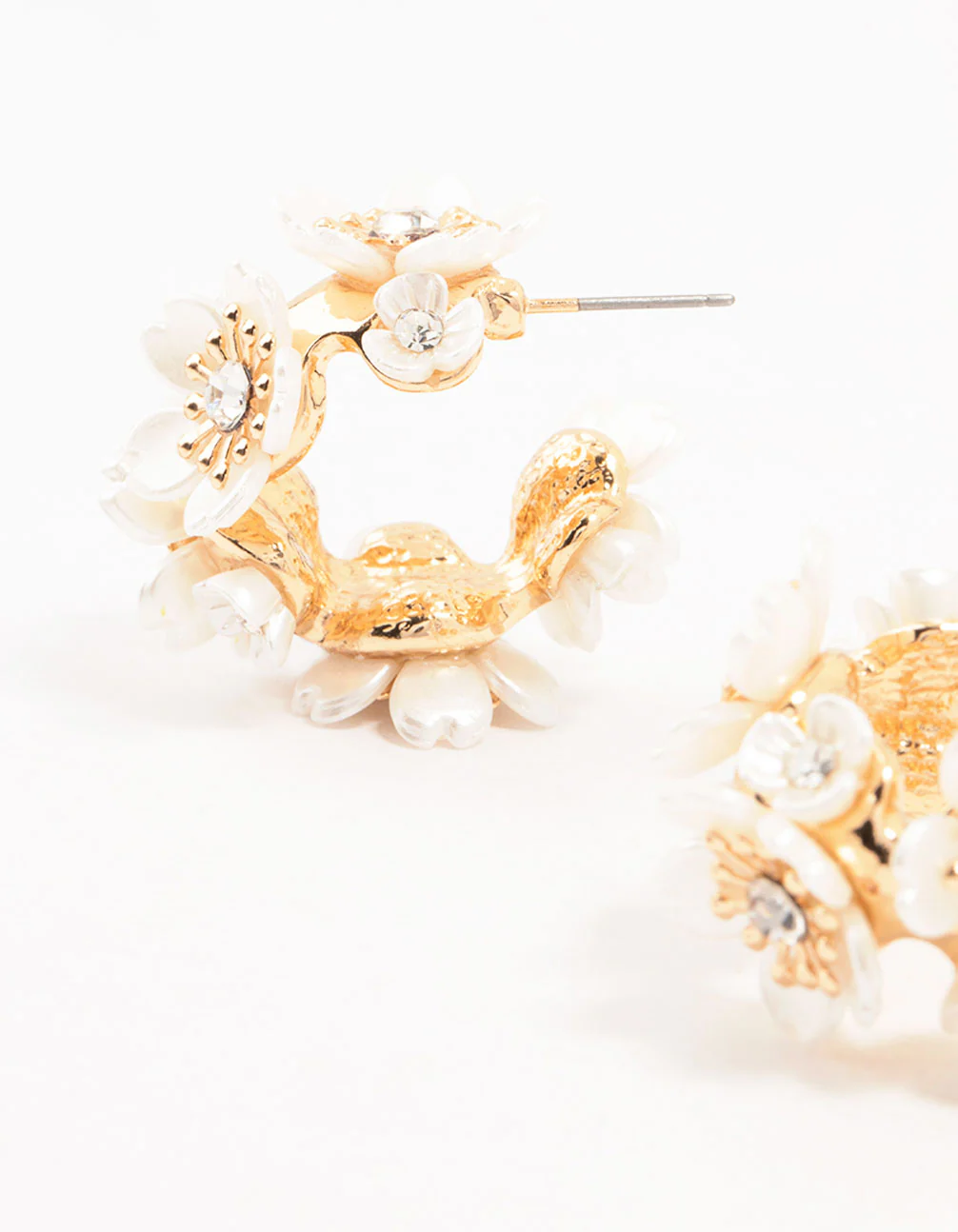 Gold Pearlised Flower Medium Hoop Earrings - Image 2