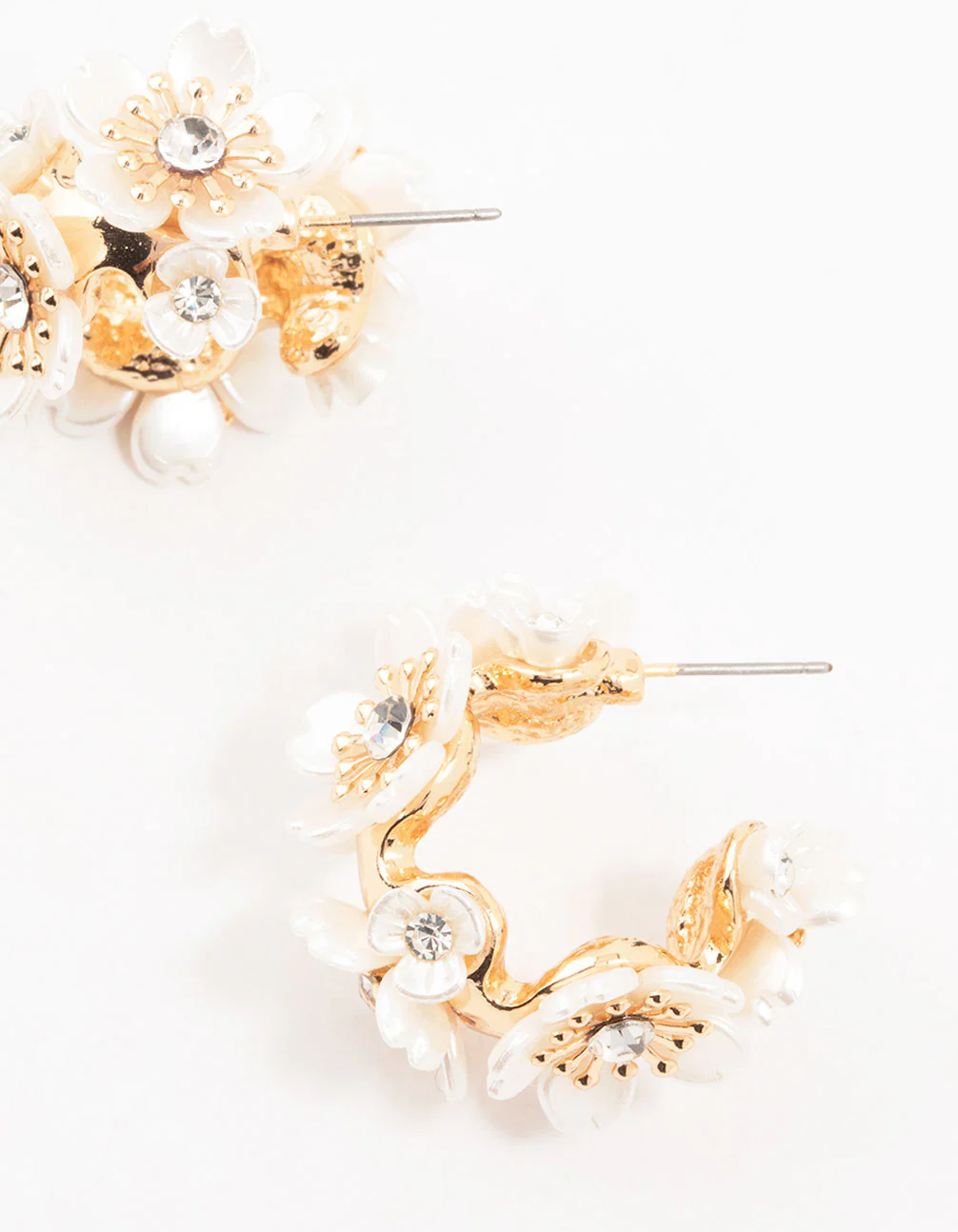 Gold Pearlised Flower Medium Hoop Earrings - Image 3