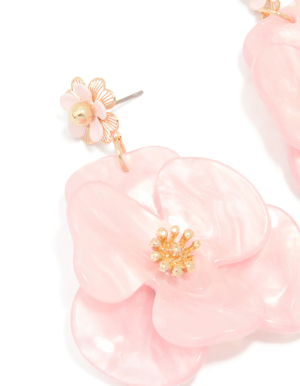 Gold Pink Acrylic Flower Drop Earrings - Image 2