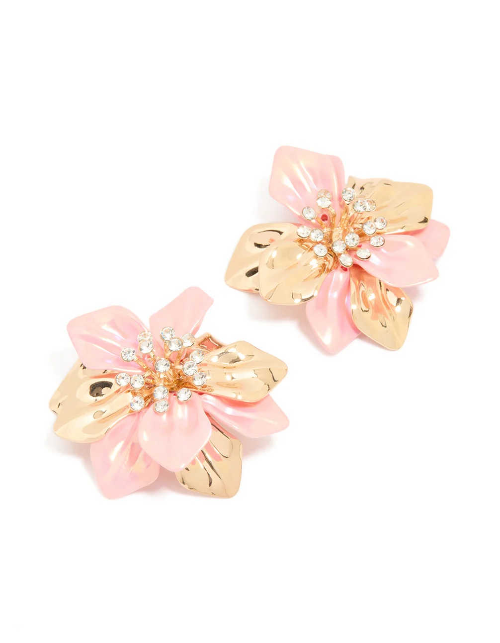 Gold Pink Coated Metal Diamante Flower Earrings