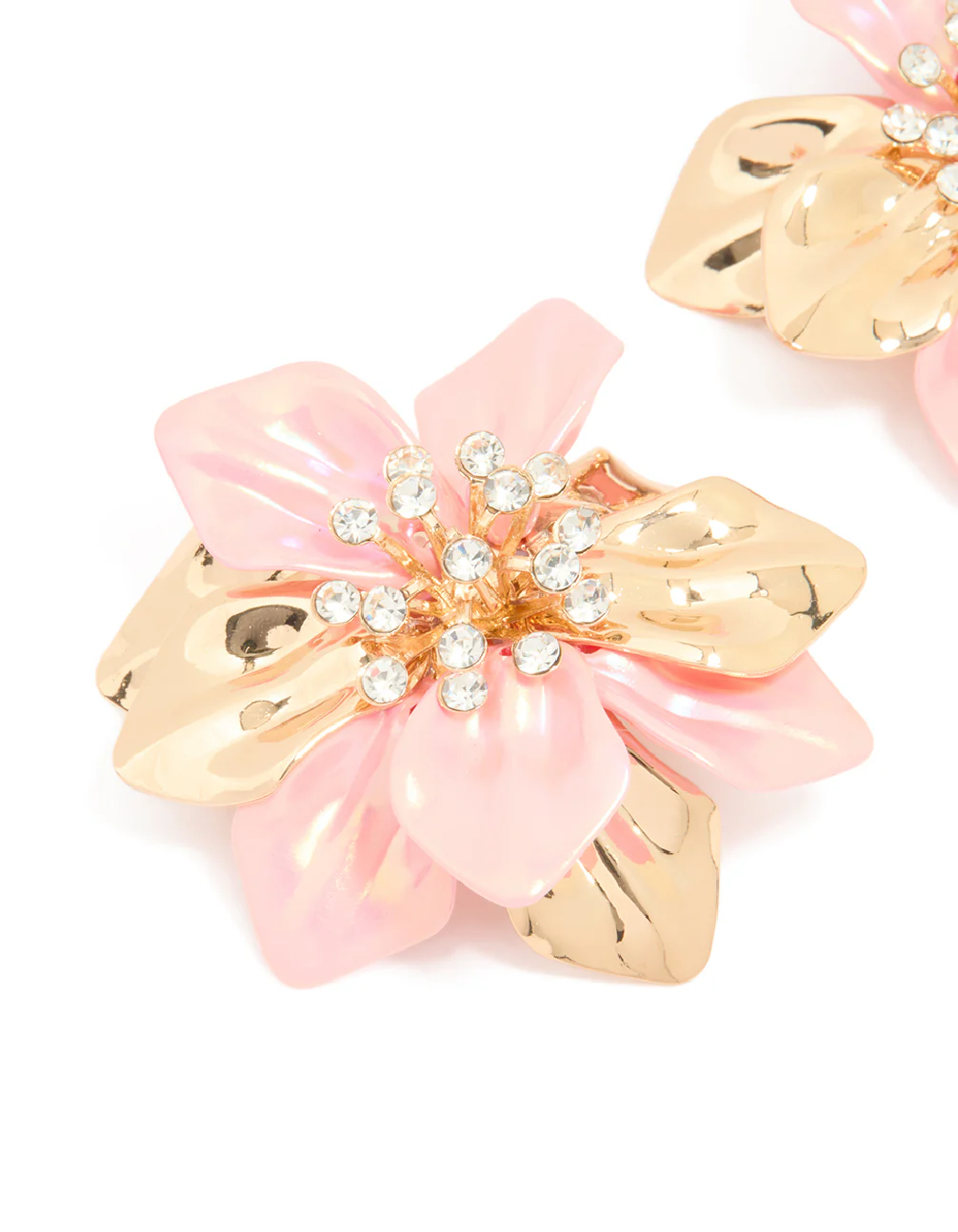 Gold Pink Coated Metal Diamante Flower Earrings - Image 2