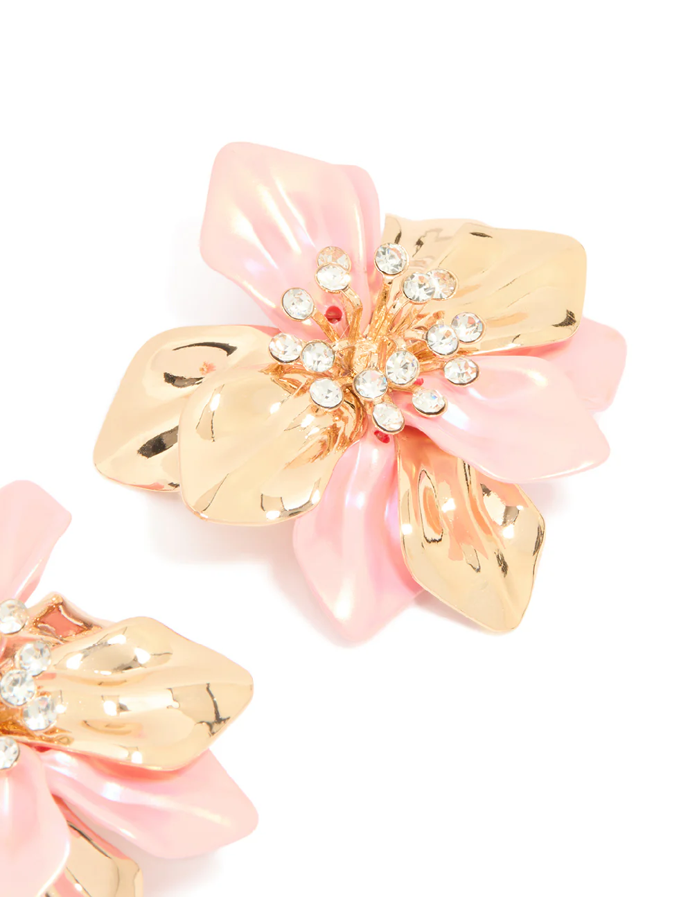 Gold Pink Coated Metal Diamante Flower Earrings - Image 3