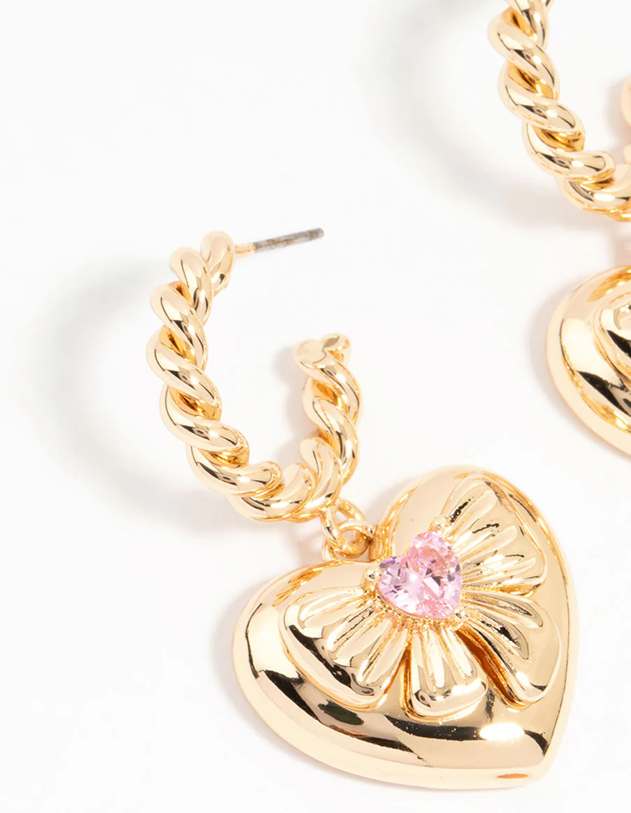 Gold Pink Cubic Zirconia Heart Hoop Earrings - Image 2