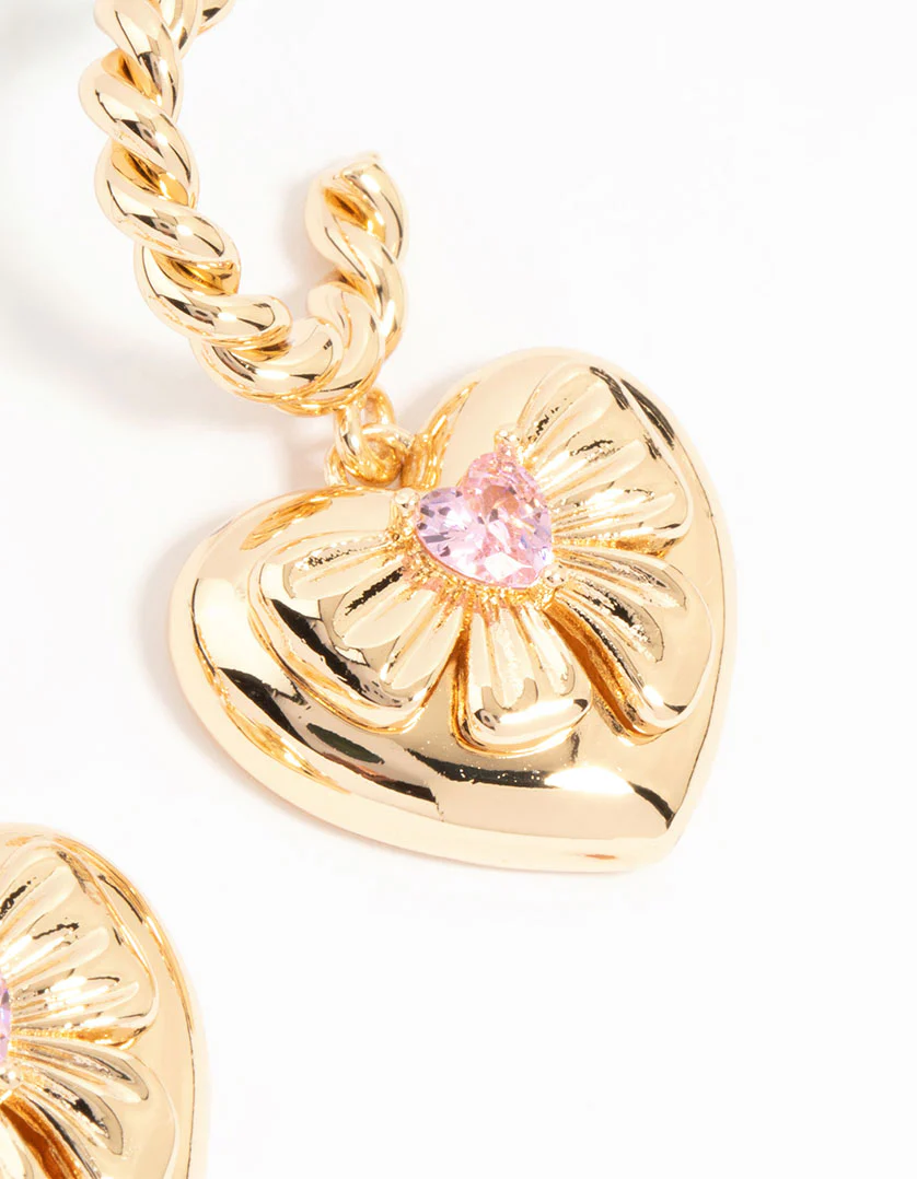 Gold Pink Cubic Zirconia Heart Hoop Earrings - Image 3