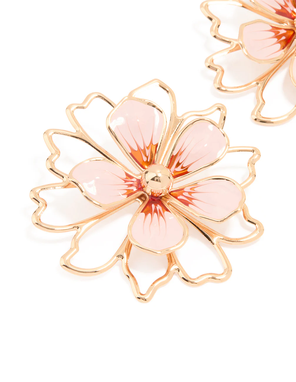 Gold Pink Enamel Flower Stud Earrings - Image 2