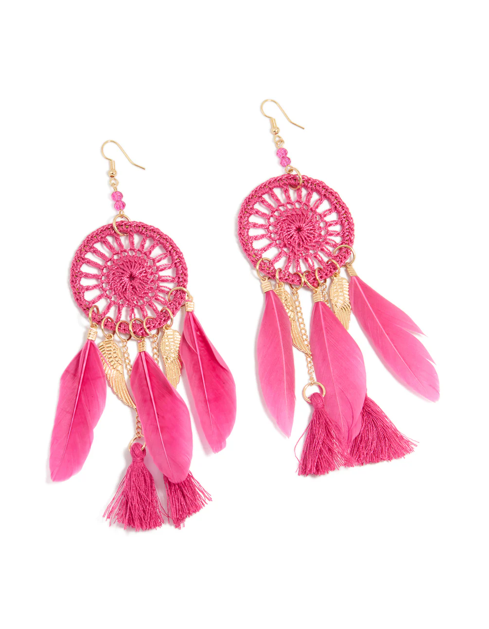 Gold Pink Feather Dreamcatcher Drop Earrings