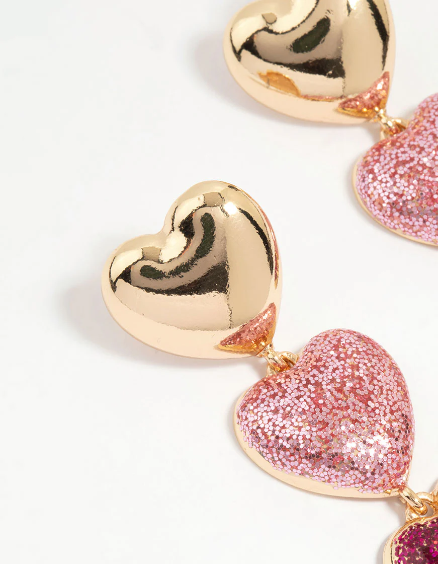 Gold Pink Glitter Heart Drop Earrings - Image 2